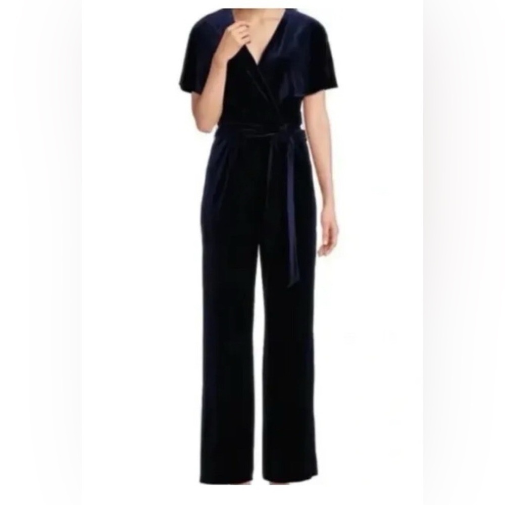 Alex Marie Blue V-Neck Cape Velvet Jumpsuit - Size 16